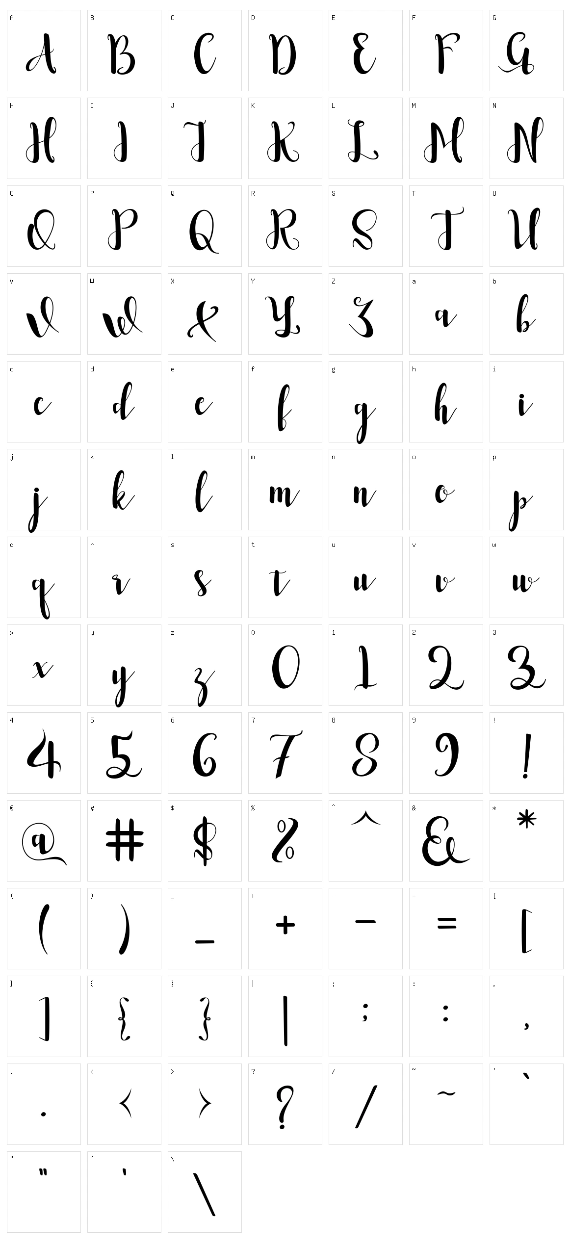 Romantis Script Character Set