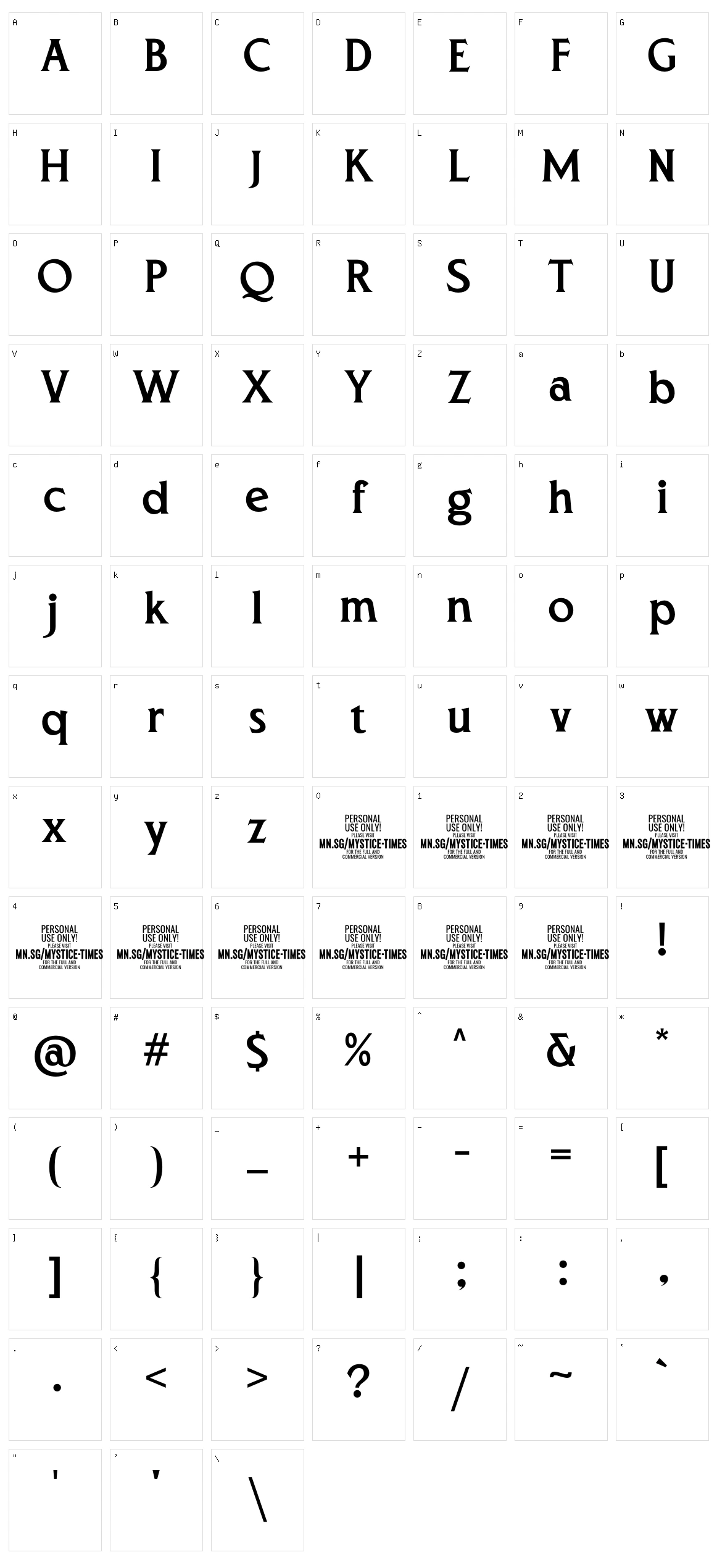 Mystice Times Character Set