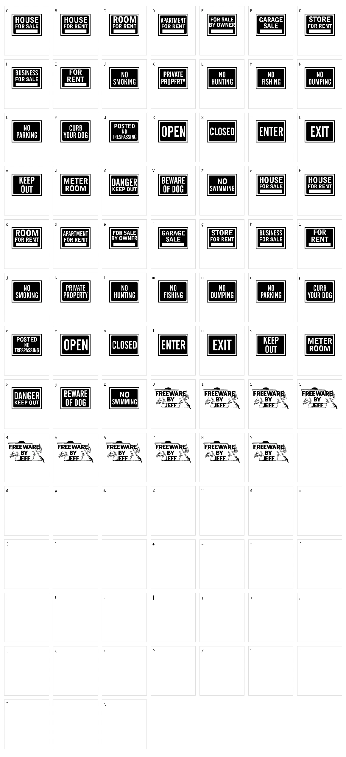 All purpose signs  Character Set